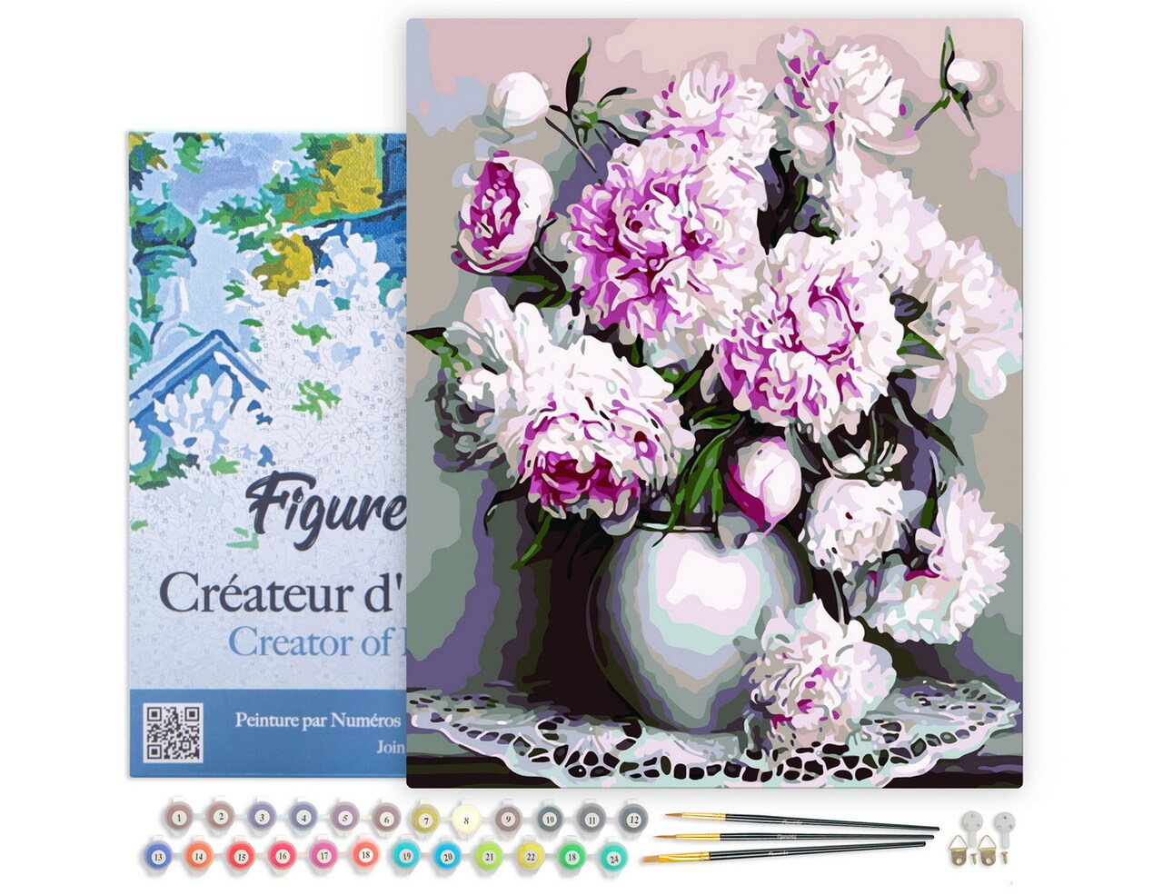 Figured'Art Paint by Numbers for Adults with Frame Vase of Peonies 16"x20" - Craft Art Painting DIY Kit Canvas Already Stretched on a Wooden Frame